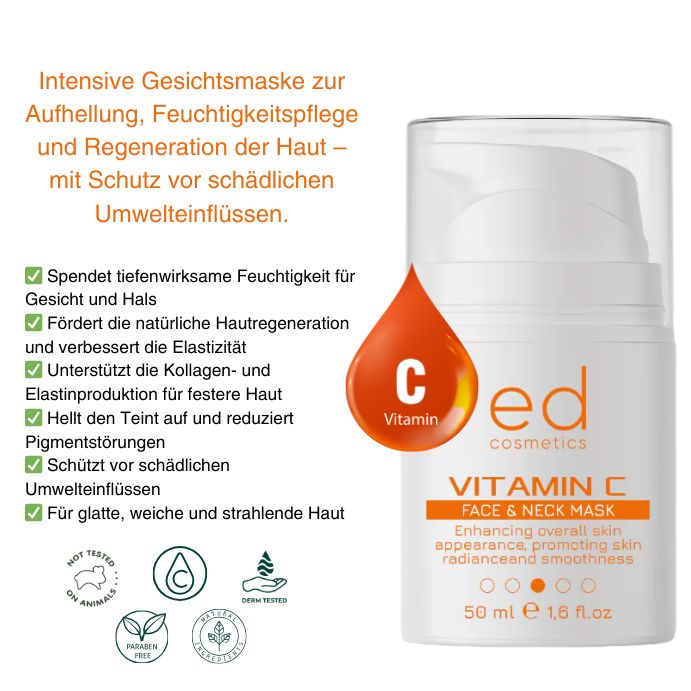 Flacon blanc avec pompe. Goutte orange avec vitamine C. Texte: Vitamin C Face & Neck Mask. Marque: ed cosmetics.
