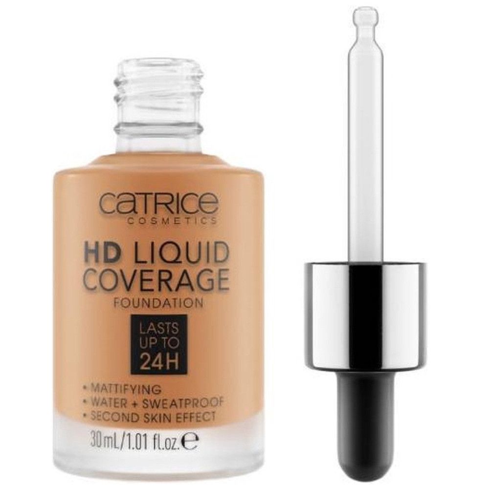 Flacon de fond de teint avec pipette. Inscription : Catrice Cosmetics, HD Liquid Coverage Foundation. Contient 30 ml.
