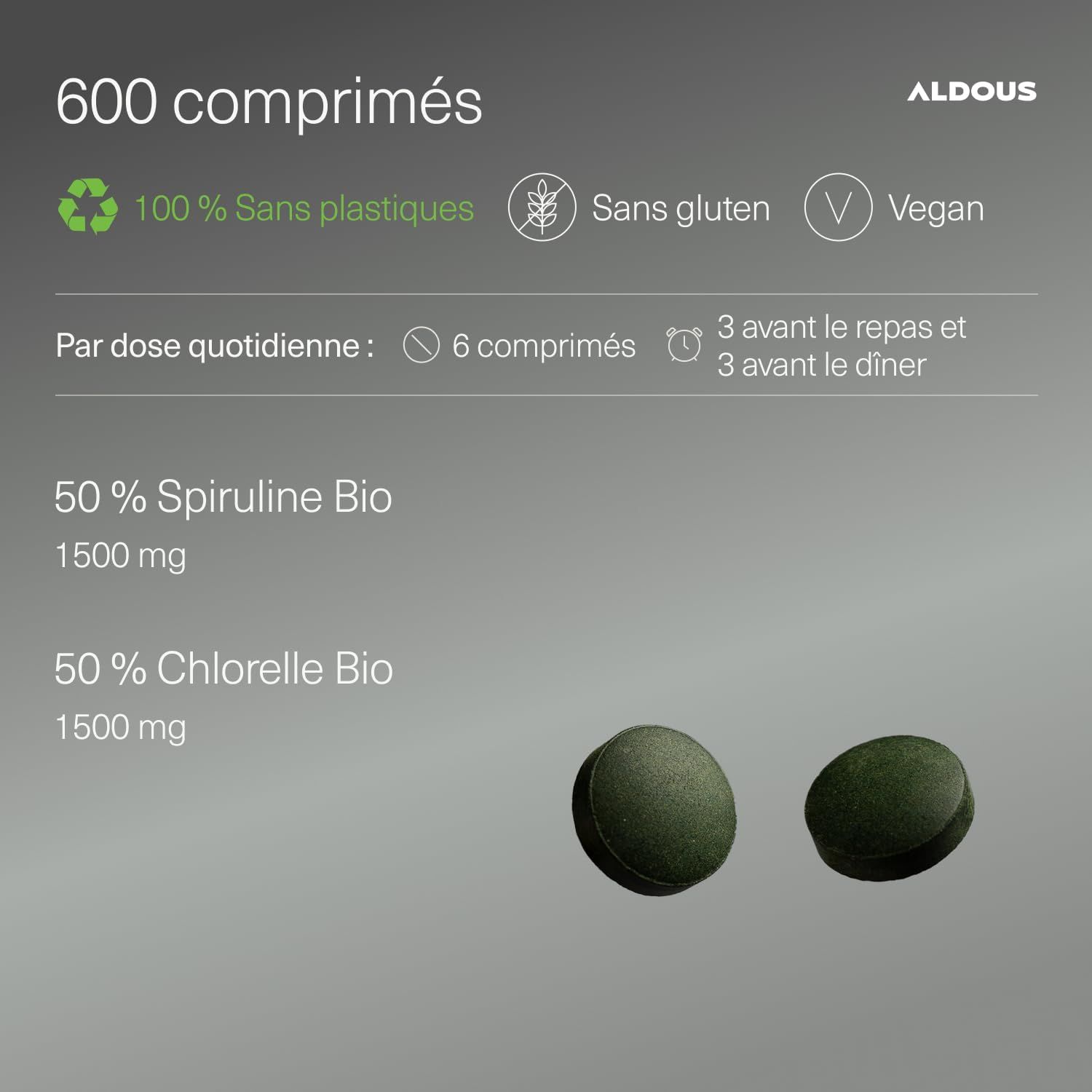 Deux comprimés verts, 600 pièces, 50% Spiruline Bio, 50% Chlorelle Bio, 1500 mg par dose.