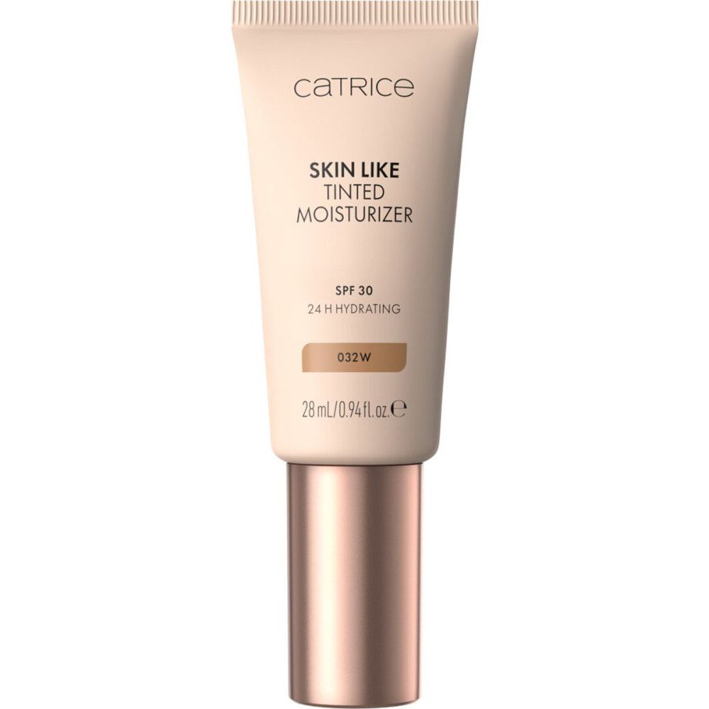 Tube de Catrice Skin Like Tinted Moisturizer. Tube beige avec informations produit. SPF 30, 24H Hydratant. Teinte 032W.