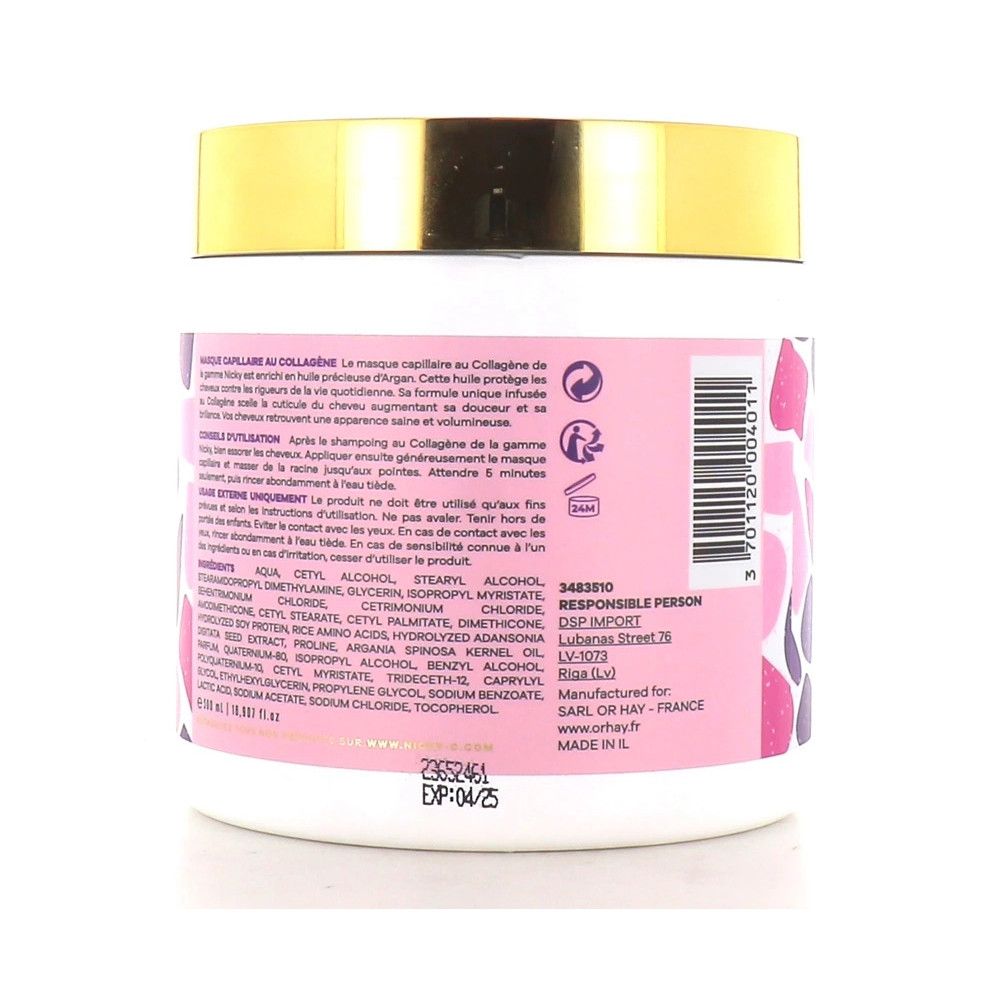 Dos du pot blanc. Étiquette avec texte et motifs roses. Inscription : Masque Capillaire au Collagène. Informations du fabricant.