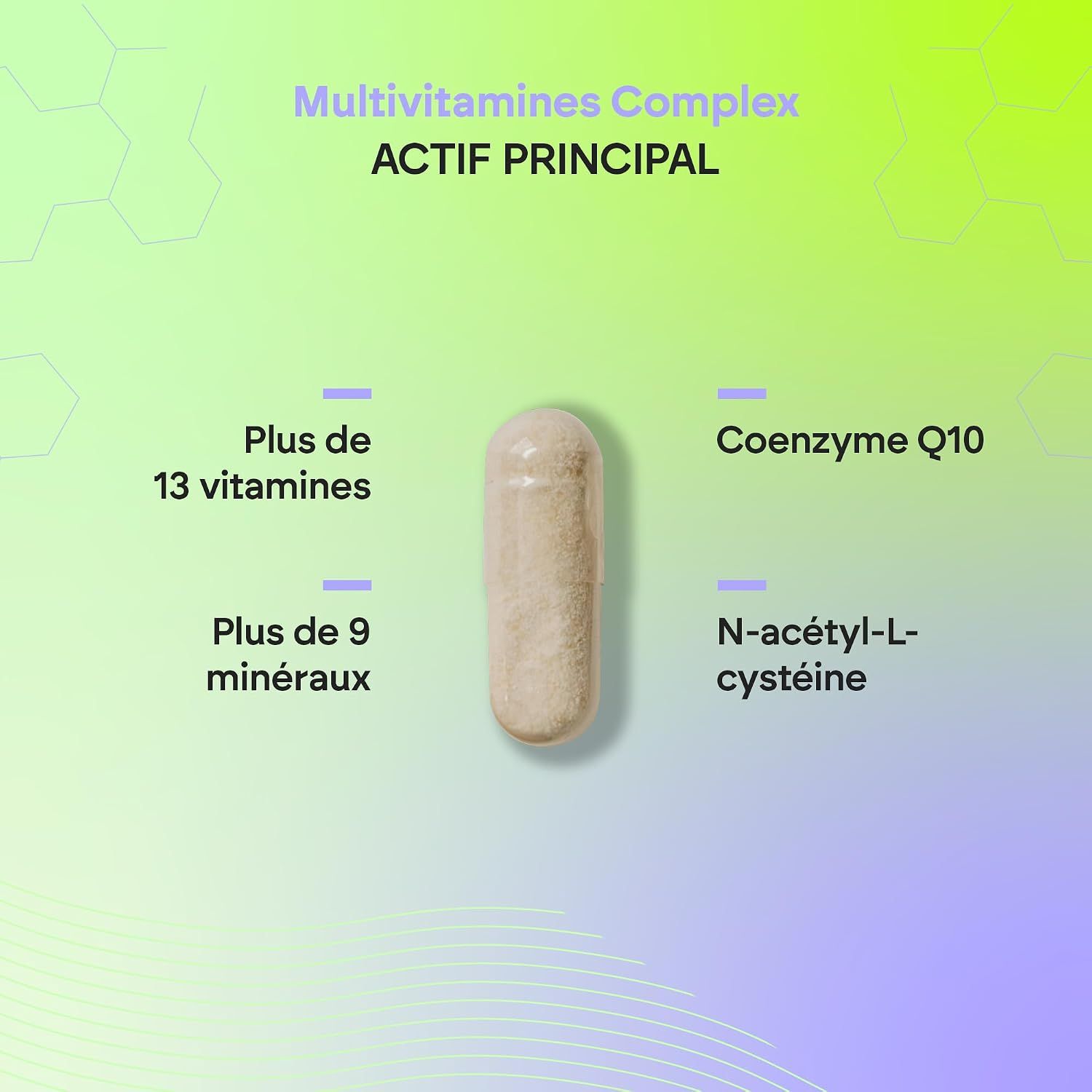 Une capsule beige "Multivitamine Complex ACTIF PRINCIPAL". Contient plus de 13 vitamines, 9 minéraux, Coenzyme Q10 et N-acétyl-L-cystéine.