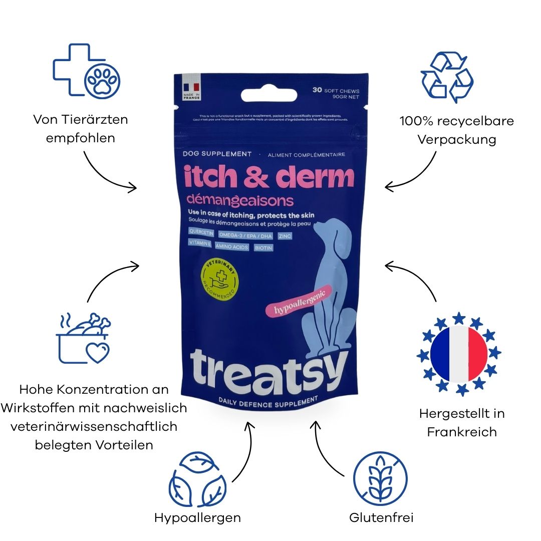 Sachet bleu "itch & derm" et "Treatsy". Avec logo vétérinaire, "Hypoallergénique", "Sans gluten" et drapeau.