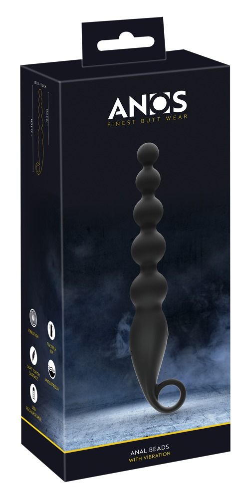 Verpakking voor ANOS Anal Beads met vibratie, toont product en merknaam.