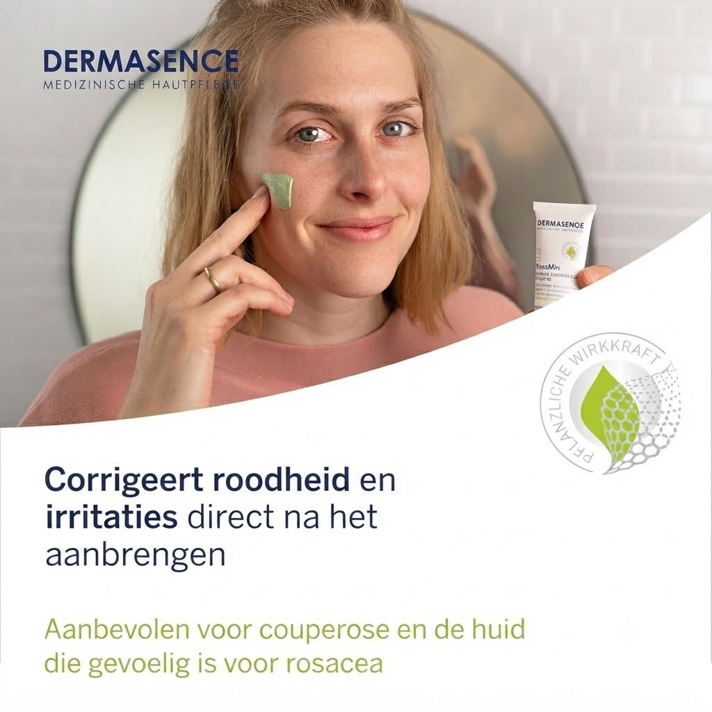 Een vrouw brengt groene crème aan op haar gezicht. Een tube is zichtbaar.