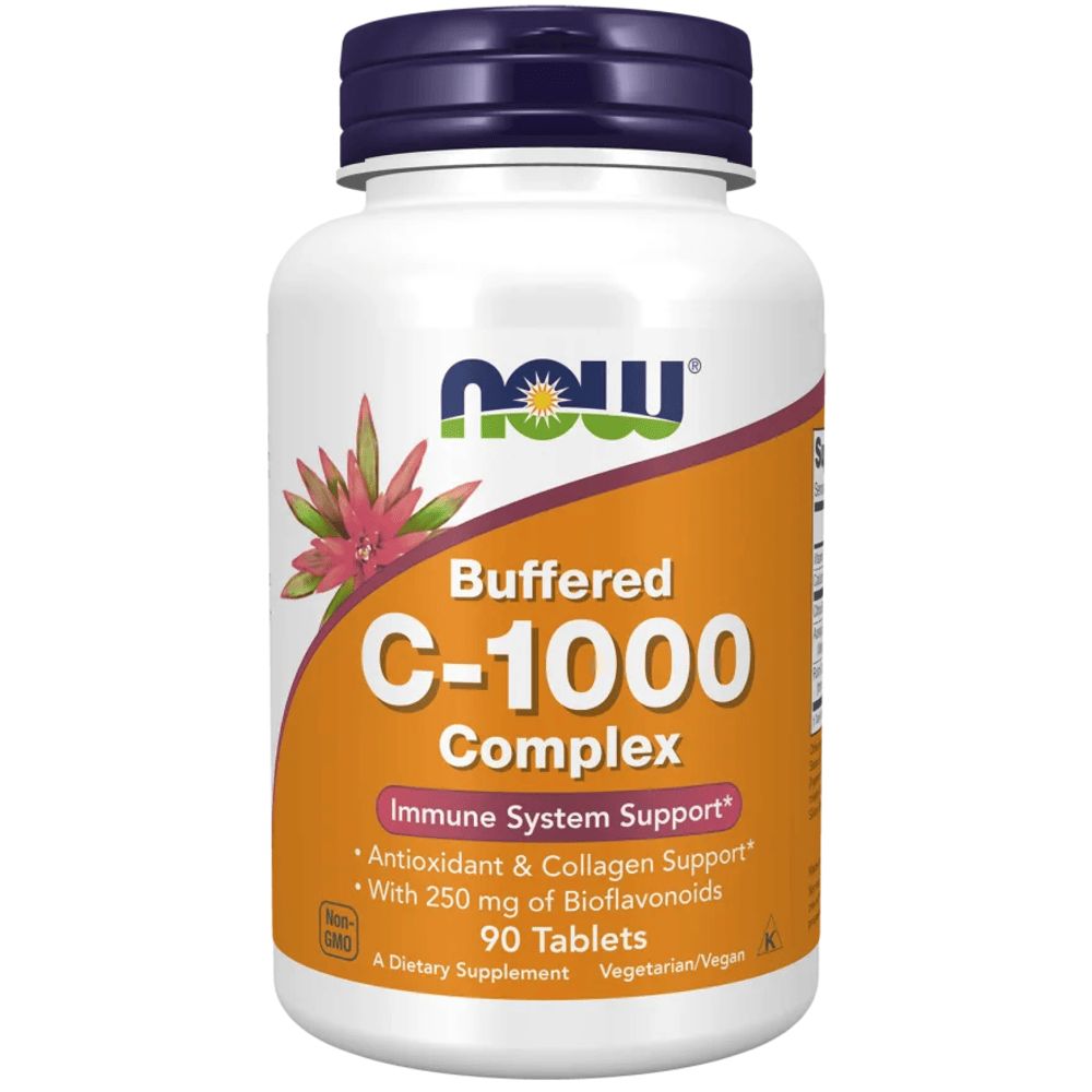 Witte fles met blauwe dop. Oranje etiket met tekst: "Buffered C-1000 Complex". Merk NOW. 90 tabletten. Ondersteuning immuunsysteem.