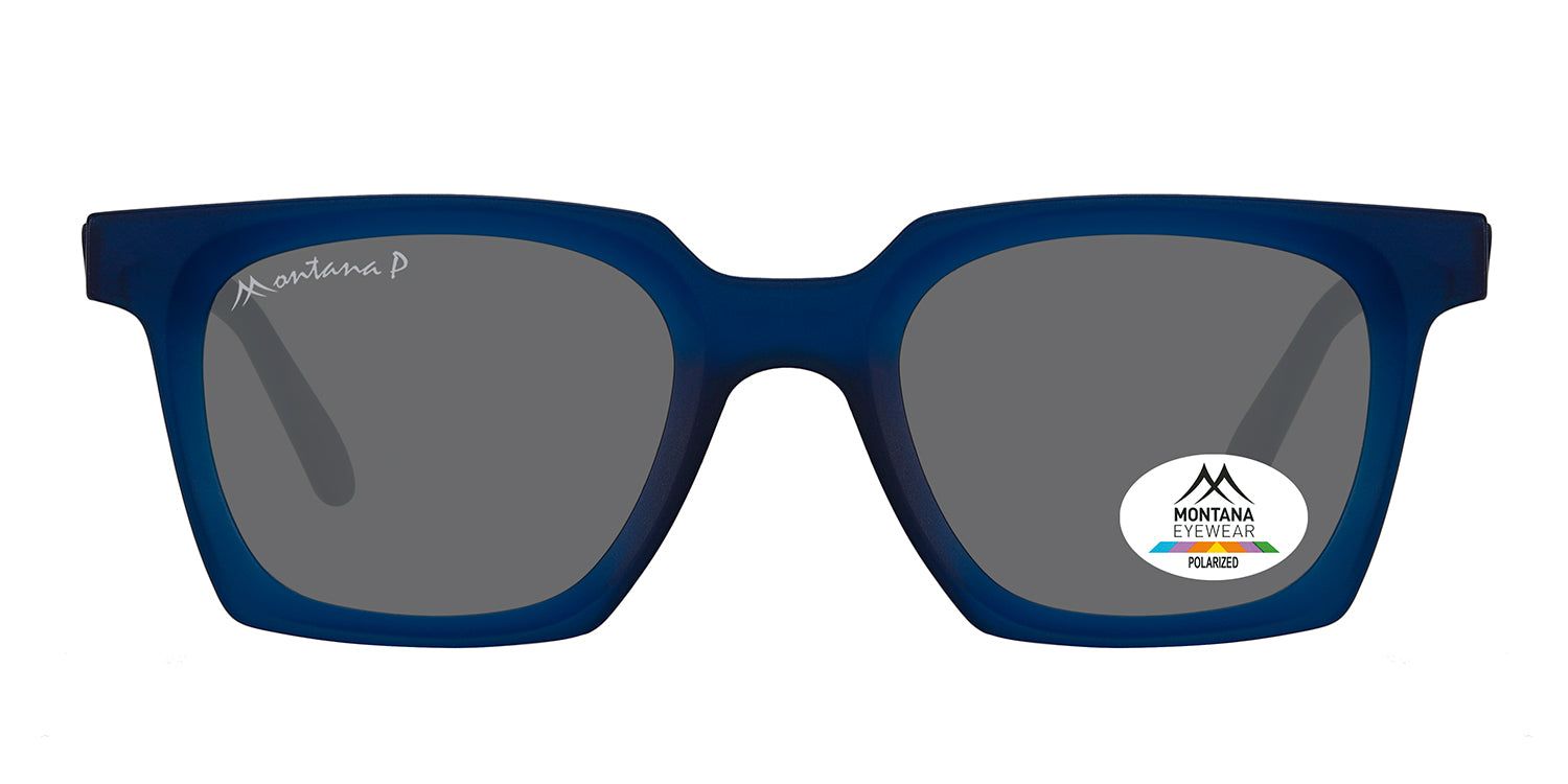 Lunettes de soleil bleues à verres carrés. Un autocollant avec le logo et l'inscription 'Polarized' est visible sur un verre.