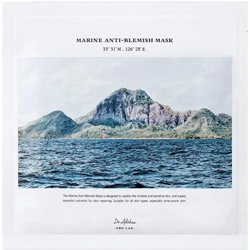 Emballage de masque facial avec image de montagne et de mer, coordonnées et nom de marque.