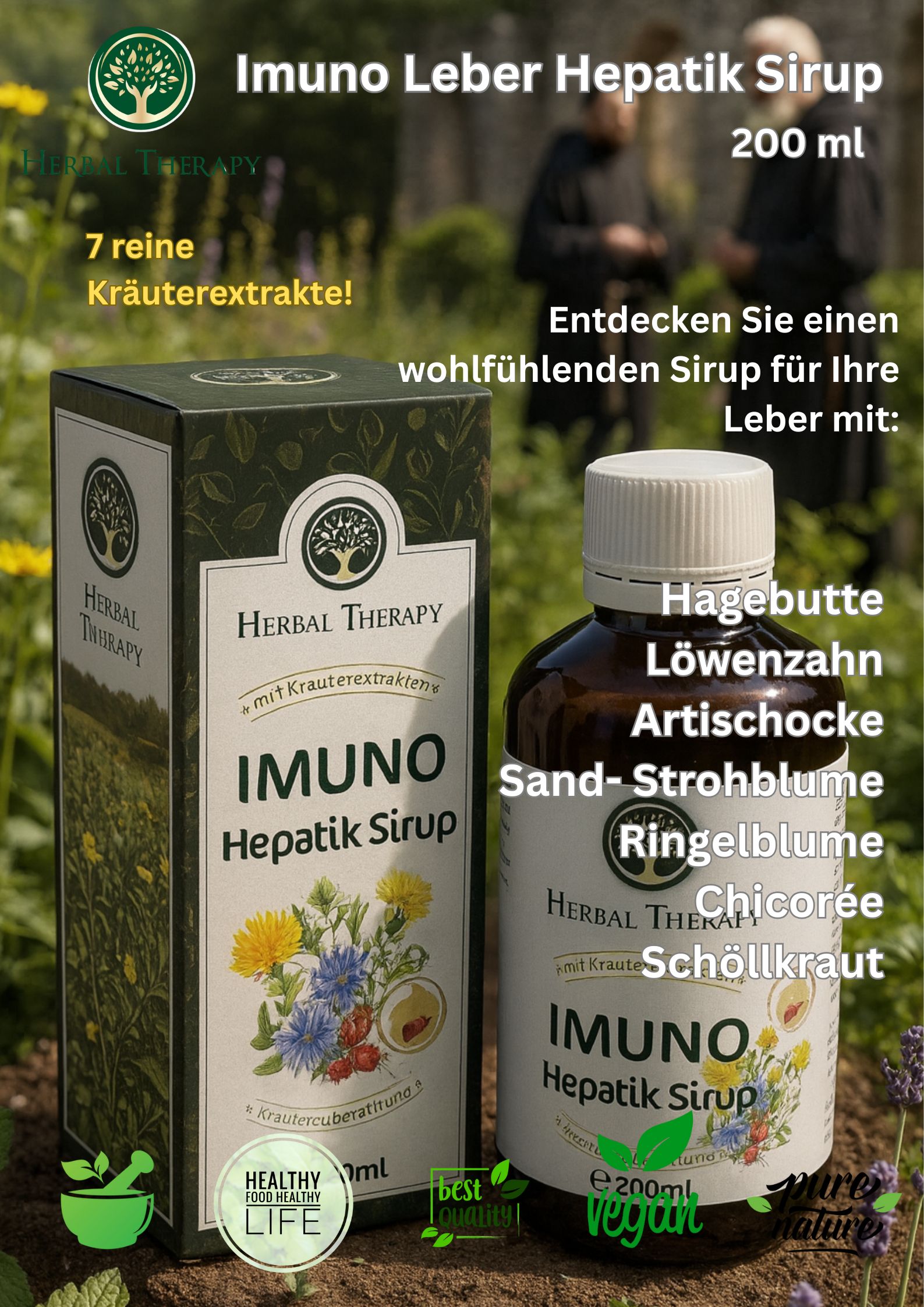 Product met fles en doos. Opschrift: IMUNO Hepatik Sirup. 200 ml. Herbal Therapy. Met kruiden.