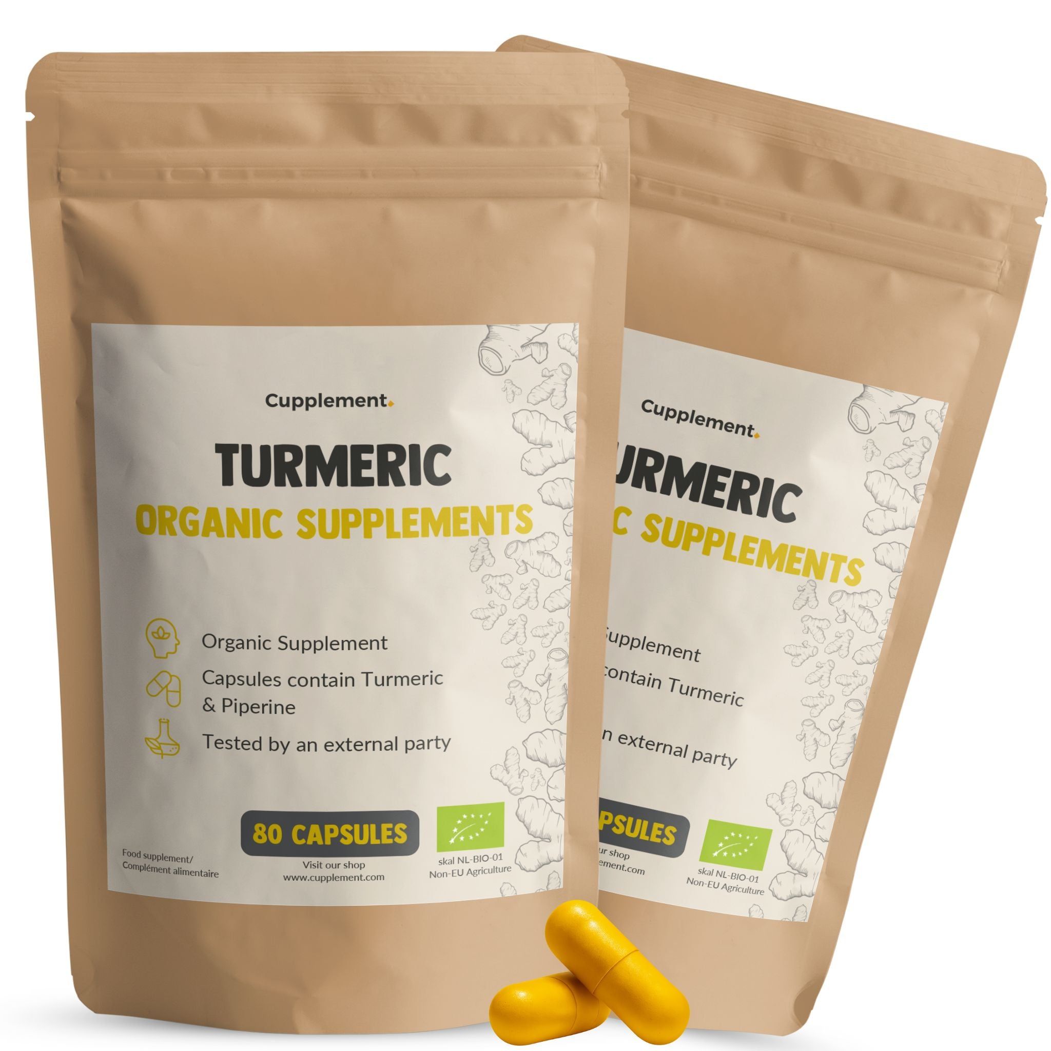 Twee zakjes Cupplement Turmeric, 80 capsules. Bruine verpakking met wit etiket. Gele capsules ernaast. Bio-keurmerk.