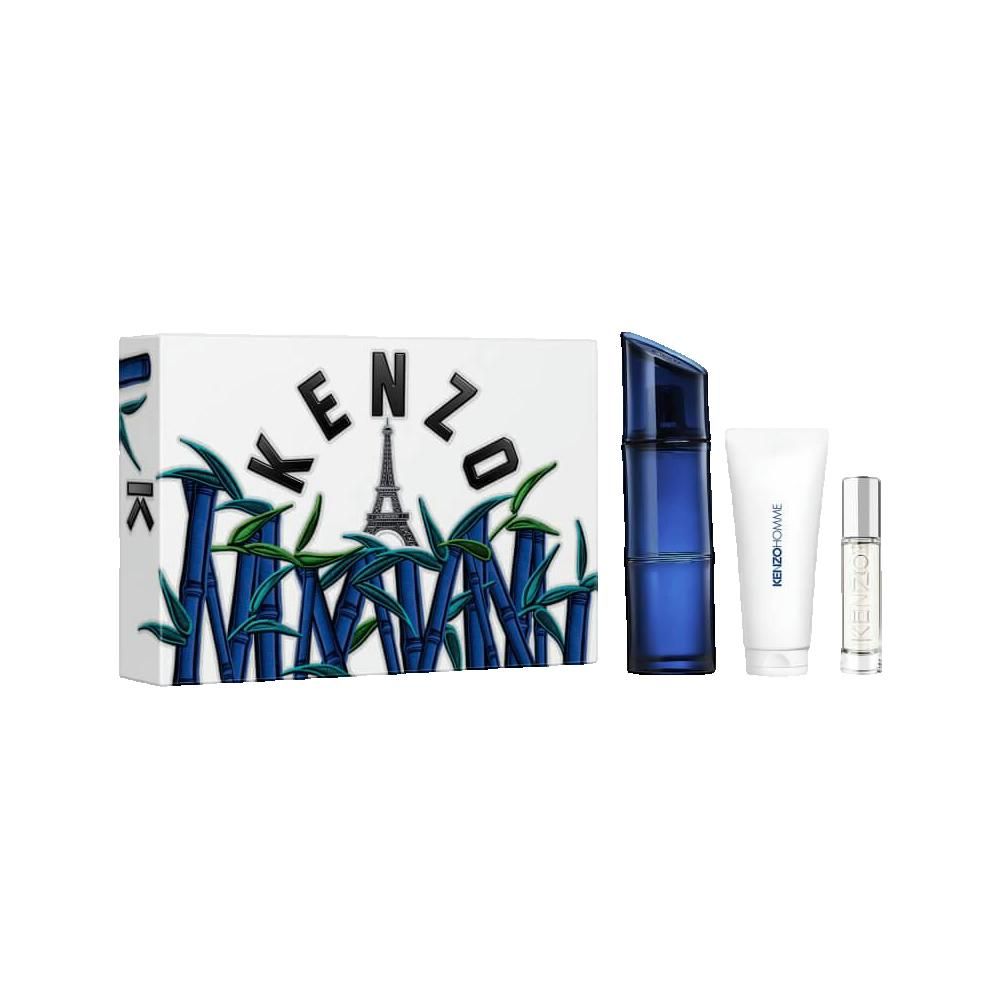 Geschenkset met fles, crème, roll-on. Verpakking met KENZO-logo en Eiffeltoren. Bamboe design.