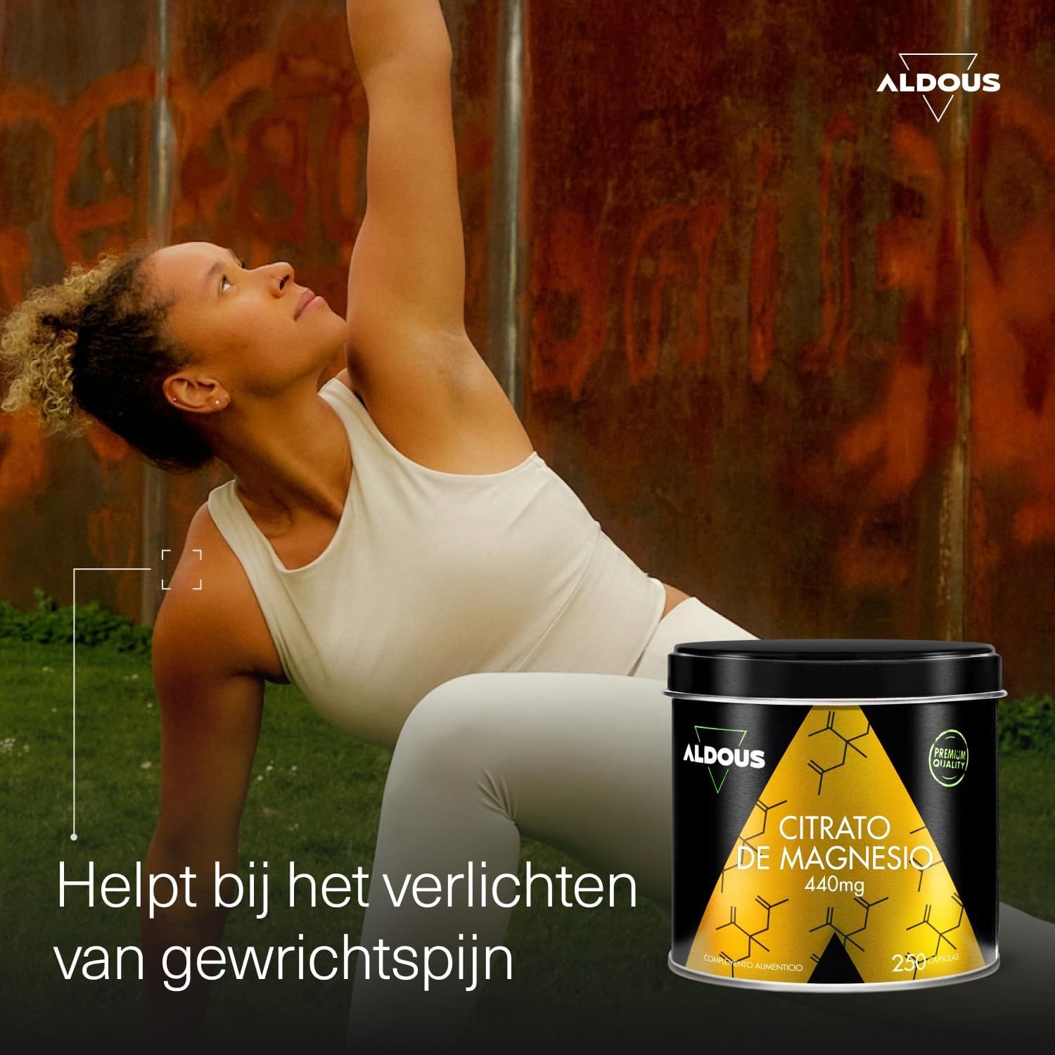 Aldous Magnesiumcitraat blik met 440mg, 250g. Gele en zwarte verpakking met moleculaire structuur.