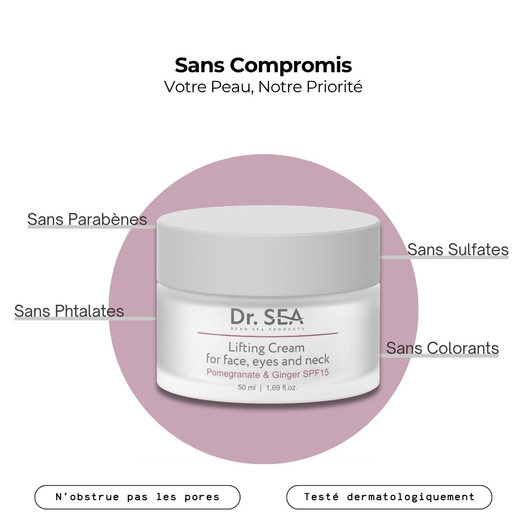 Pot de crème avec texte. Inscription : Dr. SEA, Lifting Cream, pour le visage, les yeux et le cou. Grenade & Gingembre SPF15.