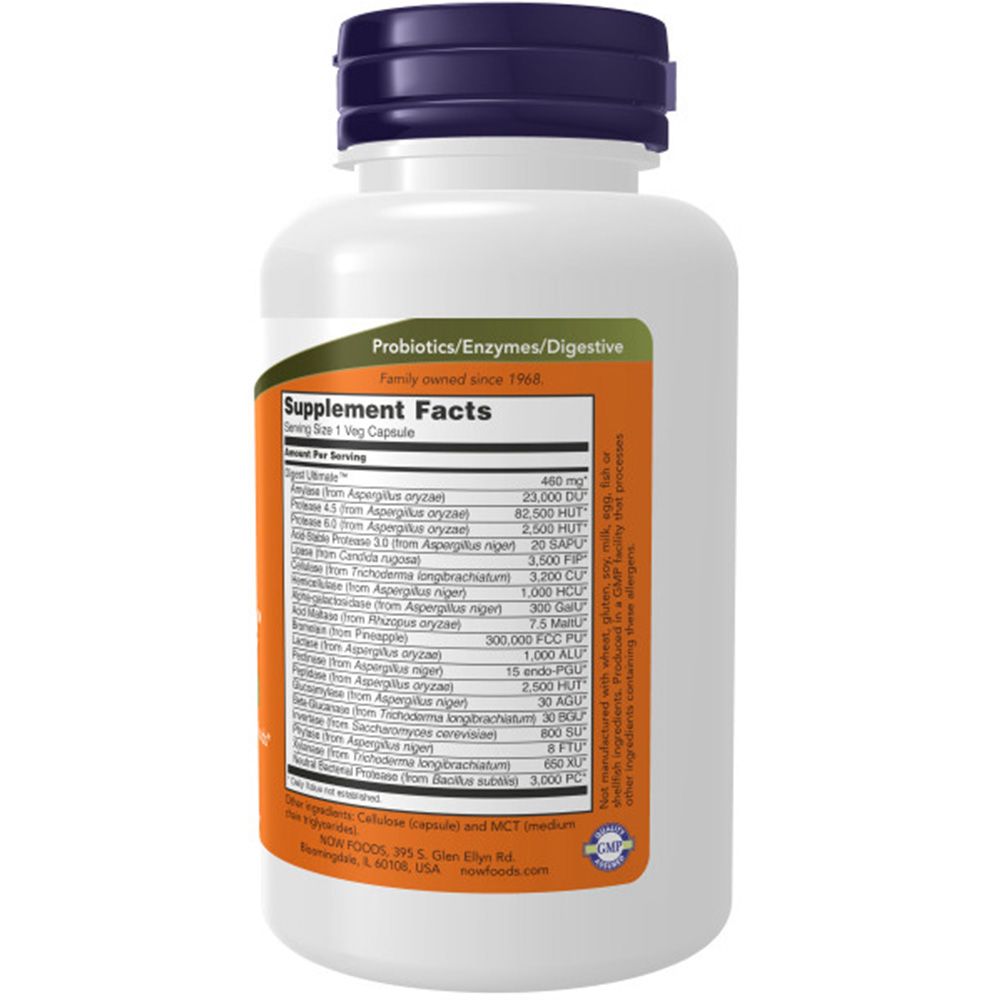 Witte fles met paars deksel, achterkant met voedingsfeiten voor Probiotica/Enzymen/Digestief.