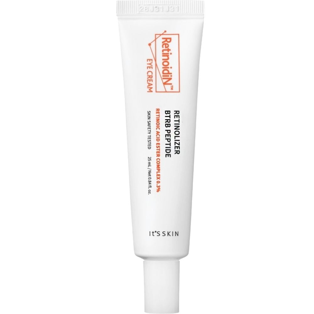 Witte tube met oranje logo en tekst. Productnaam: Retinoidin Eye Cream. Tekst: Retinolizer BTRB Peptide, 0,3% Retinoid Acid Ester Complex.