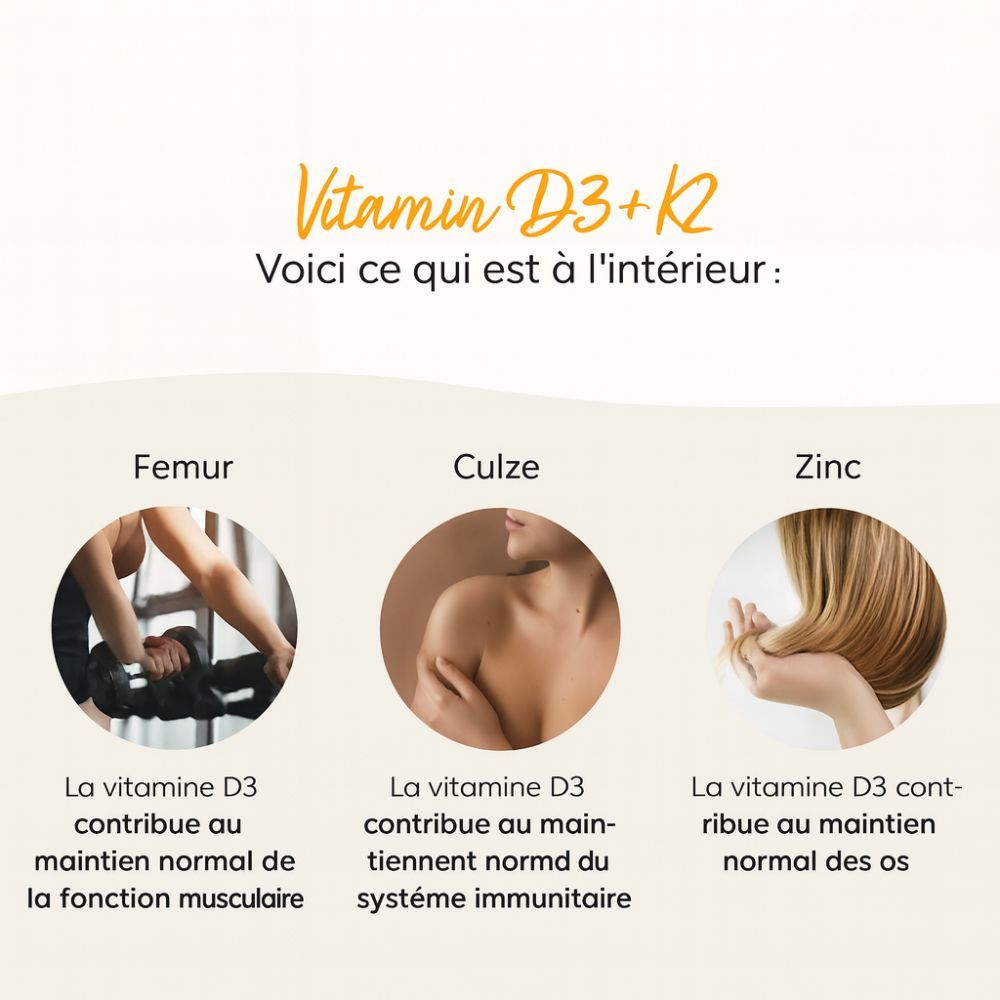 Trois images montrent : muscles, système immunitaire, cheveux. Texte : La vitamine D3 contribue à la fonction normale.