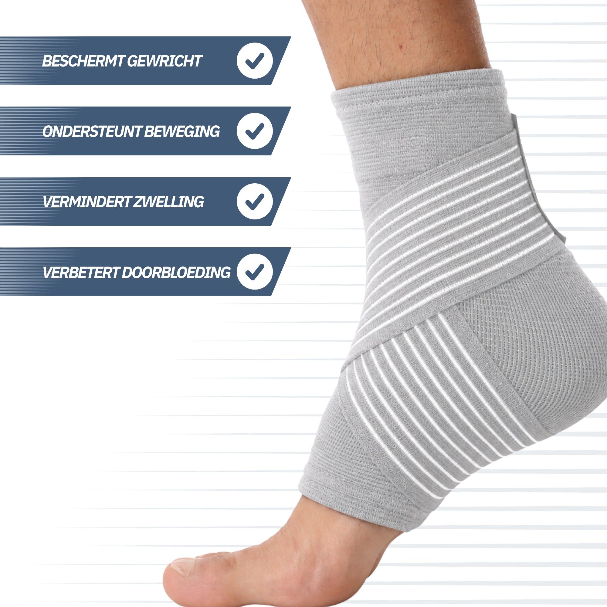 Grijze enkelbrace met witte strepen die bescherming, ondersteuning en verbeterde doorbloeding biedt.