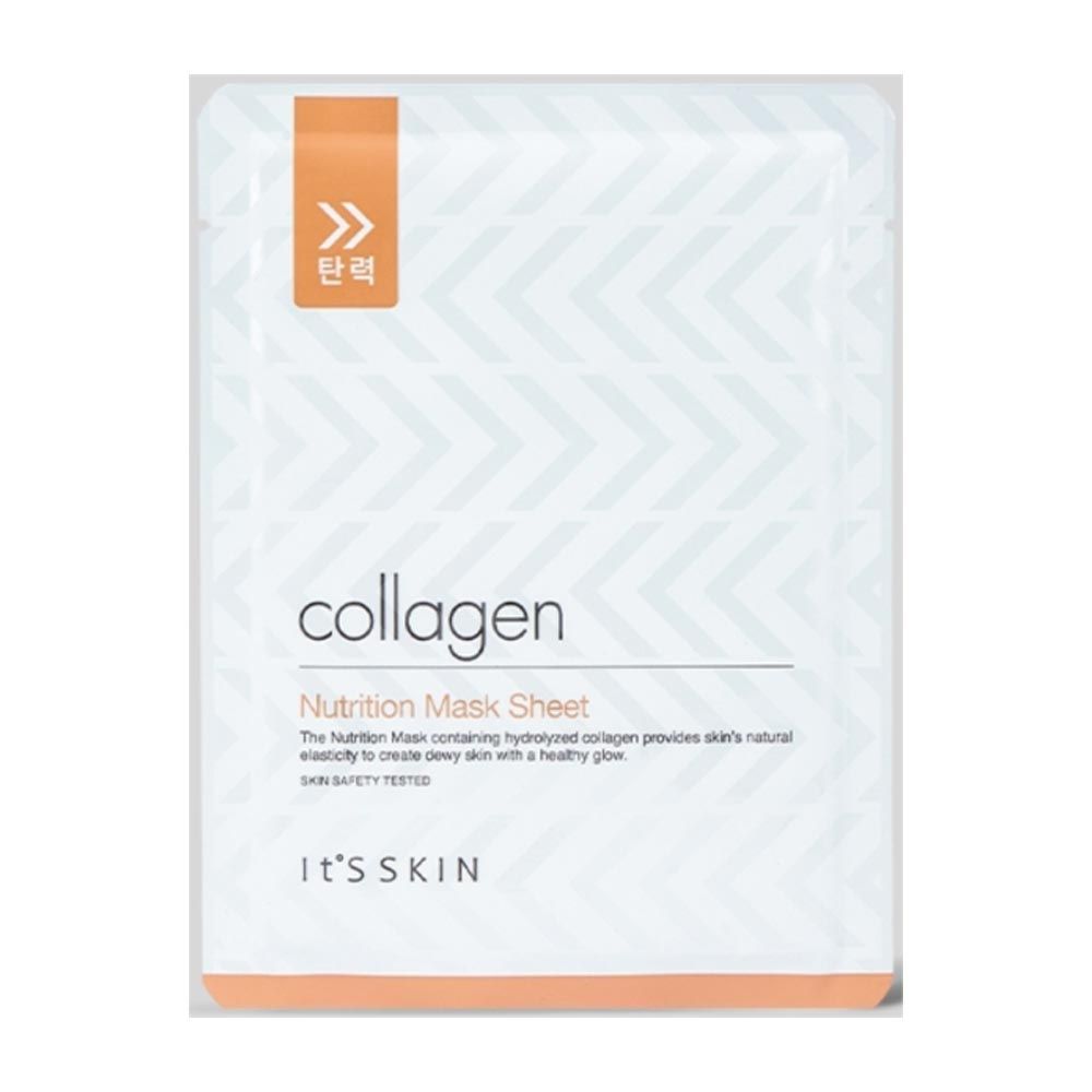 Gezichtsmasker "collagen" in witte verpakking. Oranje accent met pijlsymbool. Merk: It's SKIN. Koreaanse tekst.