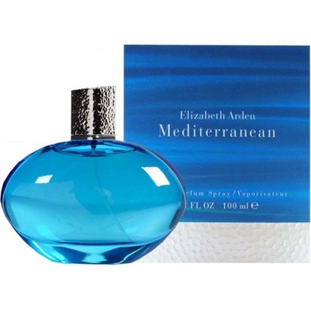 Blauwe fles en verpakking. Opschrift: Elizabeth Arden Mediterranean.