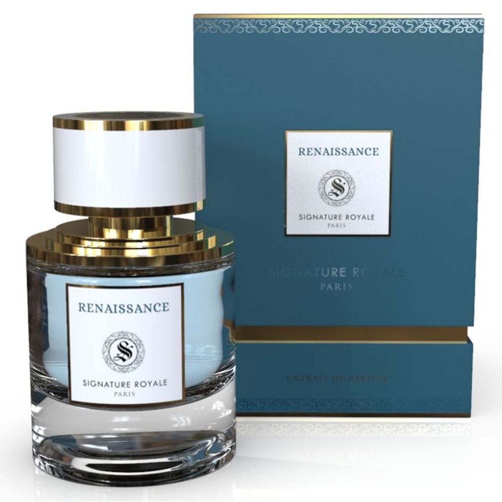Parfumfles met verpakking. Fles met witte dop, gouden details. Opschrift: Renaissance, Signature Royale Paris. Blauwe verpakking.
