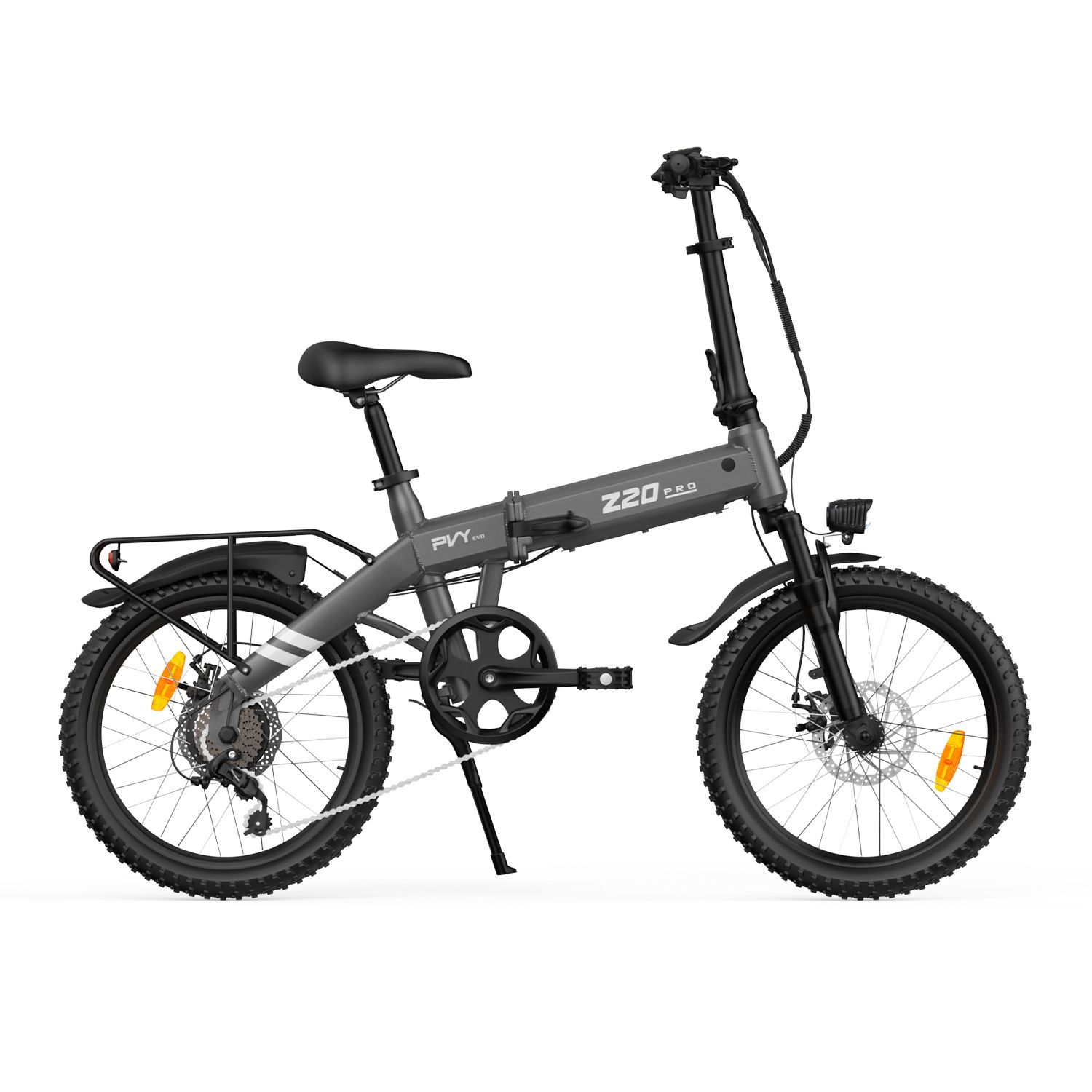 Grijze opvouwbare e-bike met zwart zadel, stuur en banden. Achterdrager. PVY-logo.