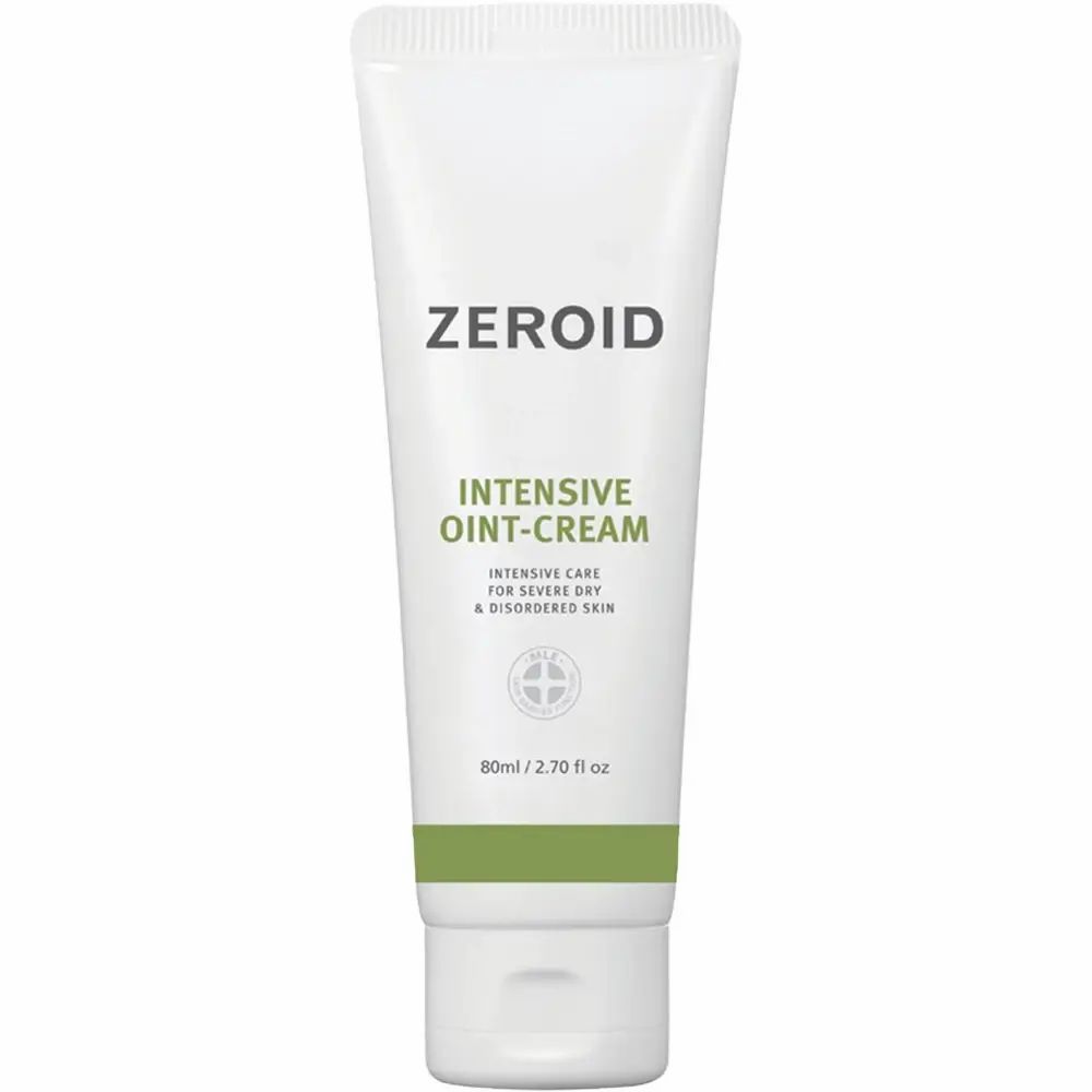 Witte en groene tube met ZEROID en INTENSIVE OINT-CREAM. Tekst: Intensieve verzorging voor een droge huid.