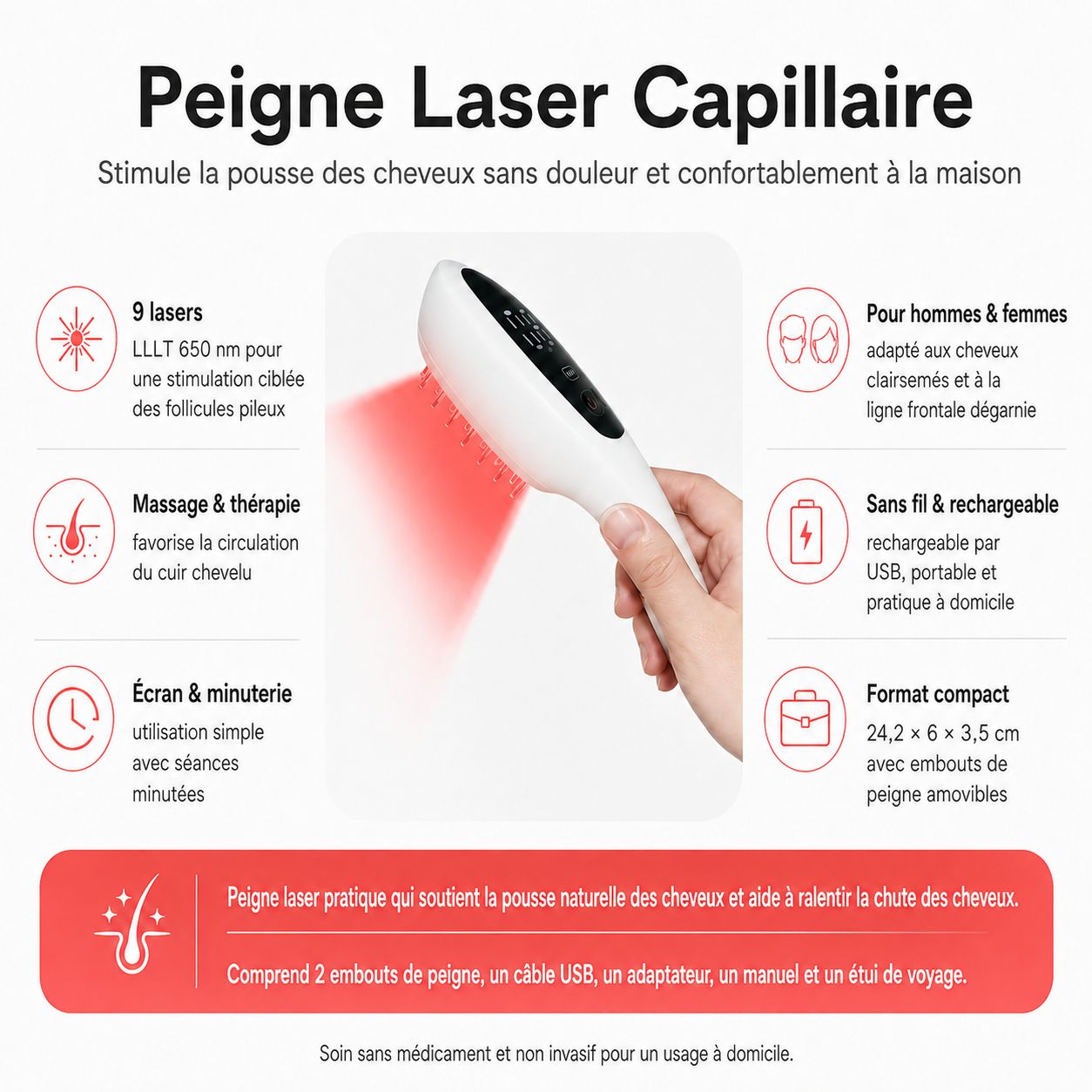 Une femme utilise un peigne laser blanc pour la croissance des cheveux émettant des faisceaux lumineux rouges.