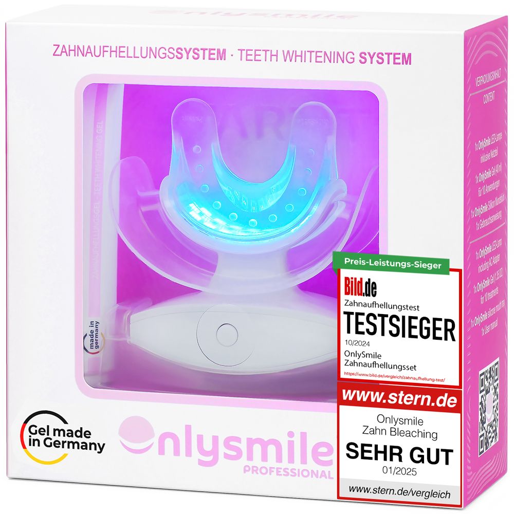 Kit de blanchiment dentaire avec lumière LED et gel. Emballage avec image du produit et récompenses.