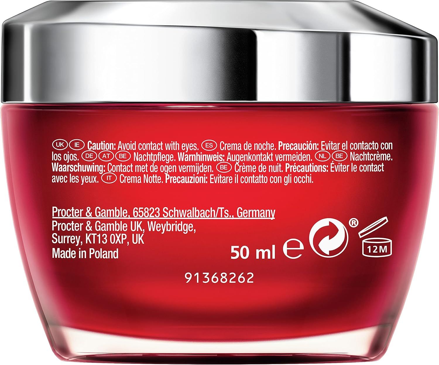 Rode crème pot met zilverkleurig deksel, 50 ml. Bevat waarschuwingen en productinformatie.