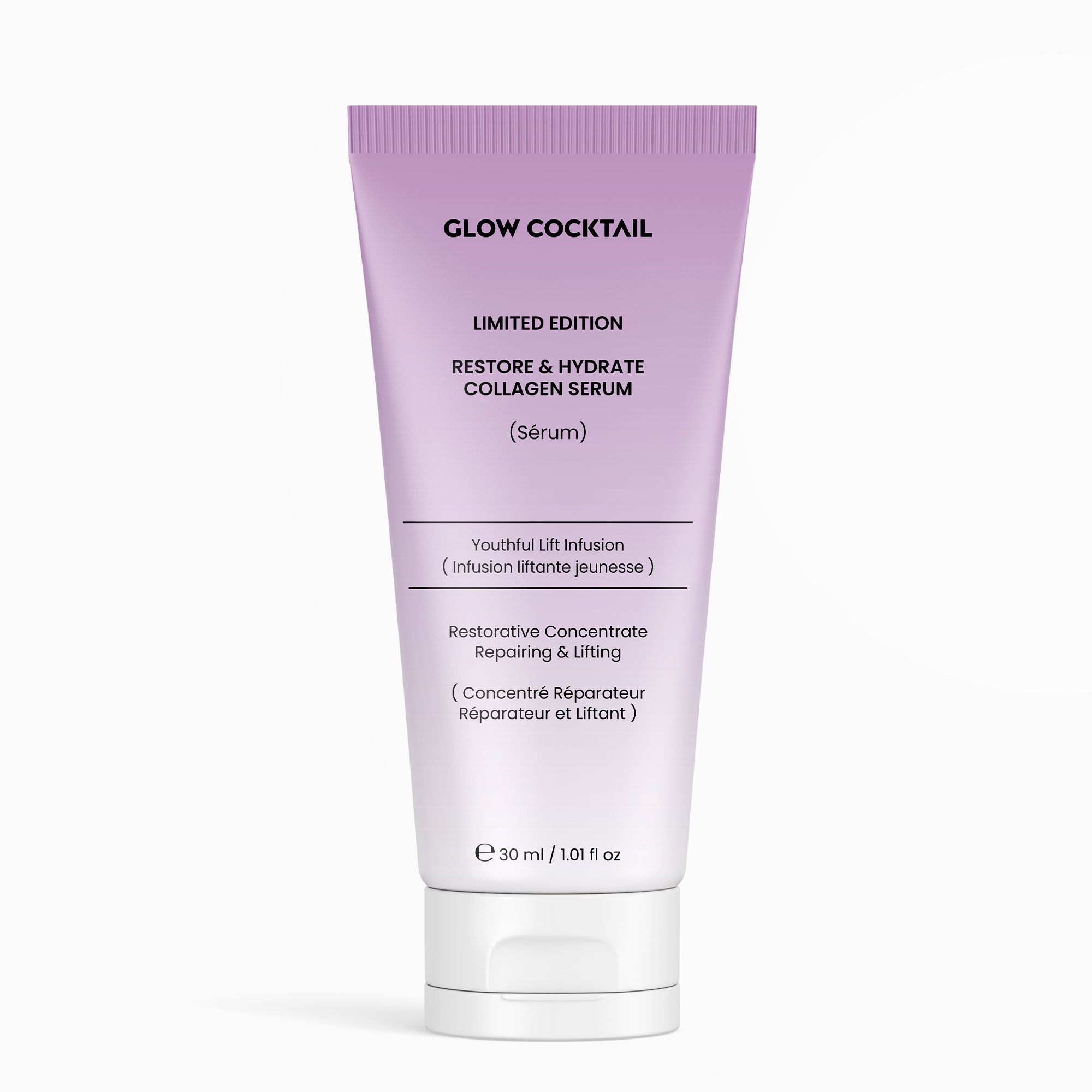 Paarse tube "GLOW COCKTAIL LIMITED EDITION RESTORE & HYDRATE COLLAGEN SERUM (Sérum)". 30 ml / 1.01 fl oz.