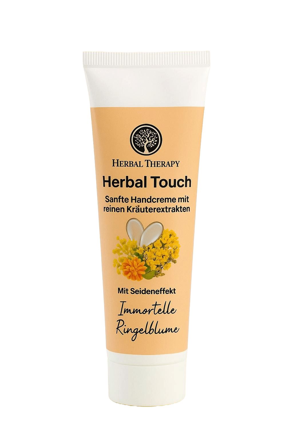Crèmetube met Herbal Therapy logo en productnaam. Geel-beige achtergrond met bloemenillustraties. Tekst: Sanfte Handcreme.