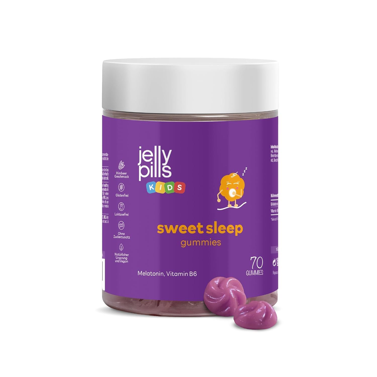 Gros plan d'un pot de Jelly Pills Sweet Sleep Kinder Gummies avec une étiquette violette.