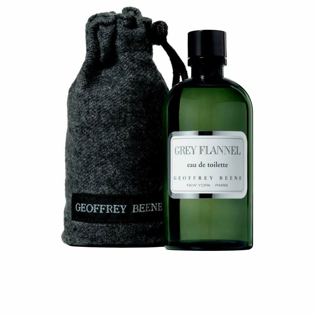 Flacon gris avec étiquette "Grey Flannel eau de toilette" et sac avec logo "Geoffrey Beene".