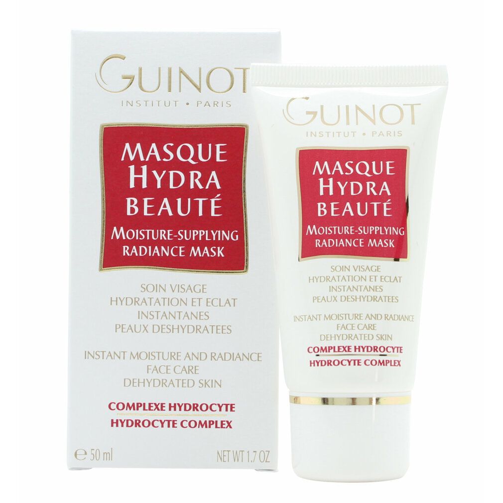Productverpakking met tube. Opschrift: Guinot, Masque Hydra Beaut, Moisture-Supplying Radiance Mask. Tekst in het Frans en Engels. 50 ml.