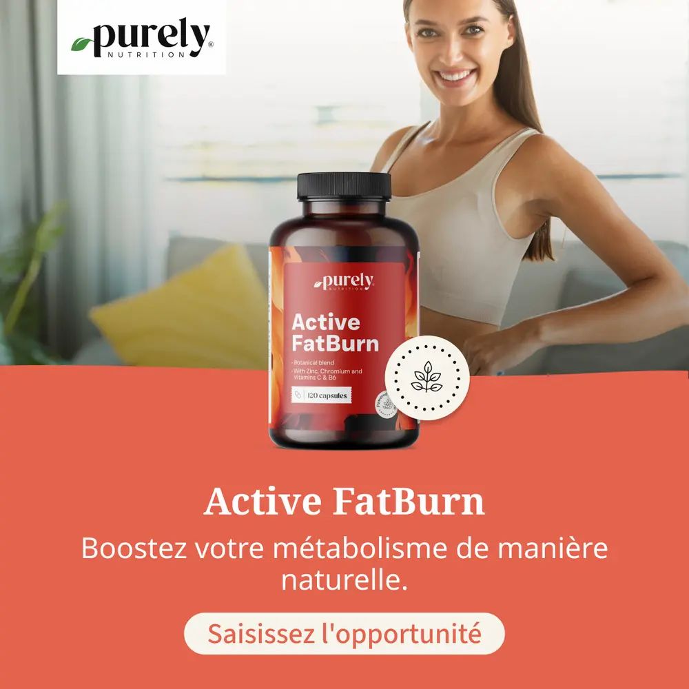 Femme en tenue de sport souriante. À côté, une bouteille 'Active FatBurn'.