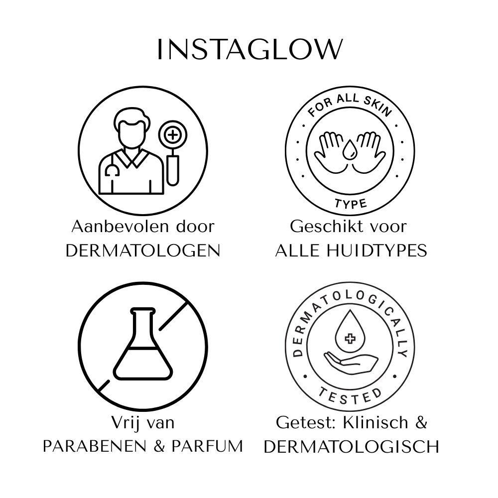 Instaglow logo en iconen. Dermatologisch getest, geschikt voor alle huidtypes, zonder parabenen en parfum.
