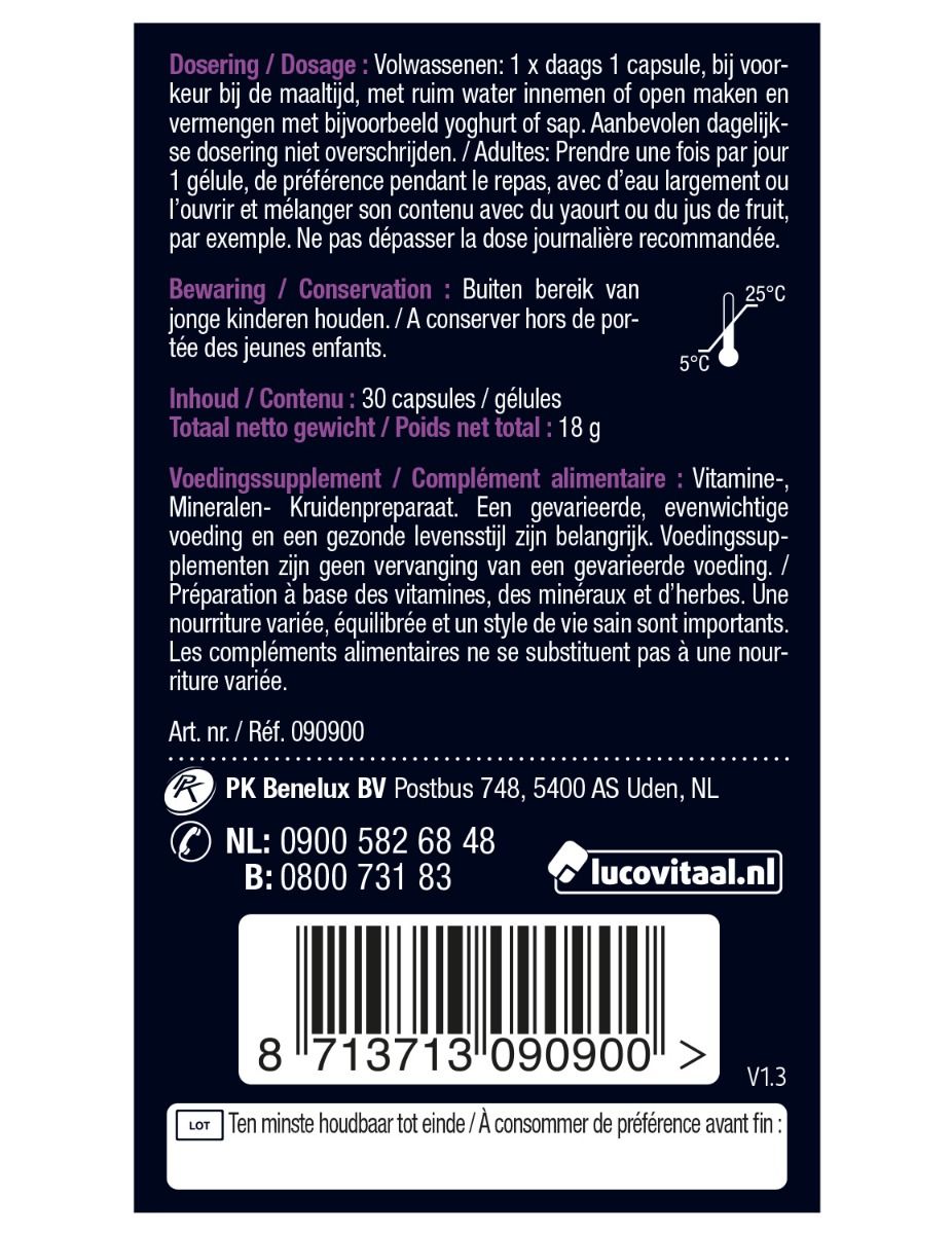 Dos de l'emballage Haar Volume. Contient dosage, conservation, ingrédients et coordonnées.