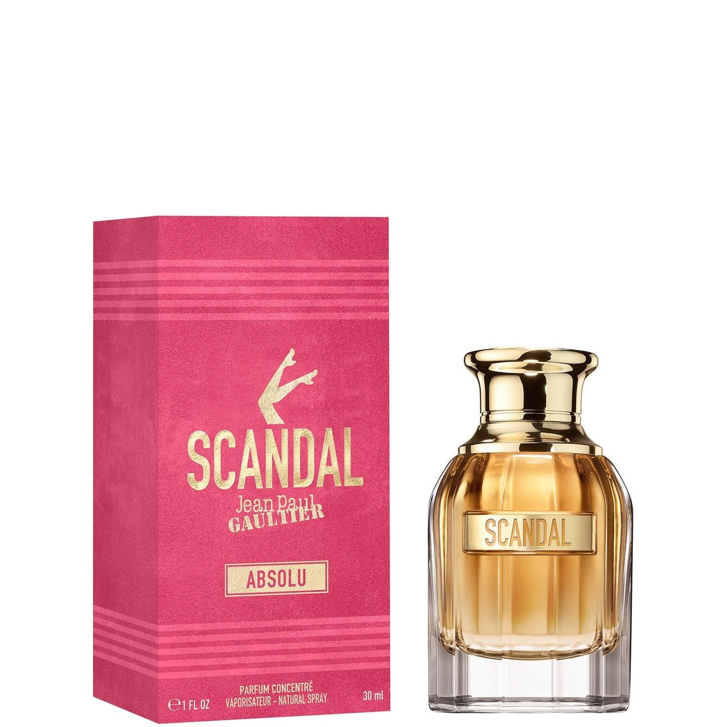Flacon de parfum et emballage. Flacon avec bouchon doré, inscription Scandal. Emballage rose avec inscription Scandal Absolu.