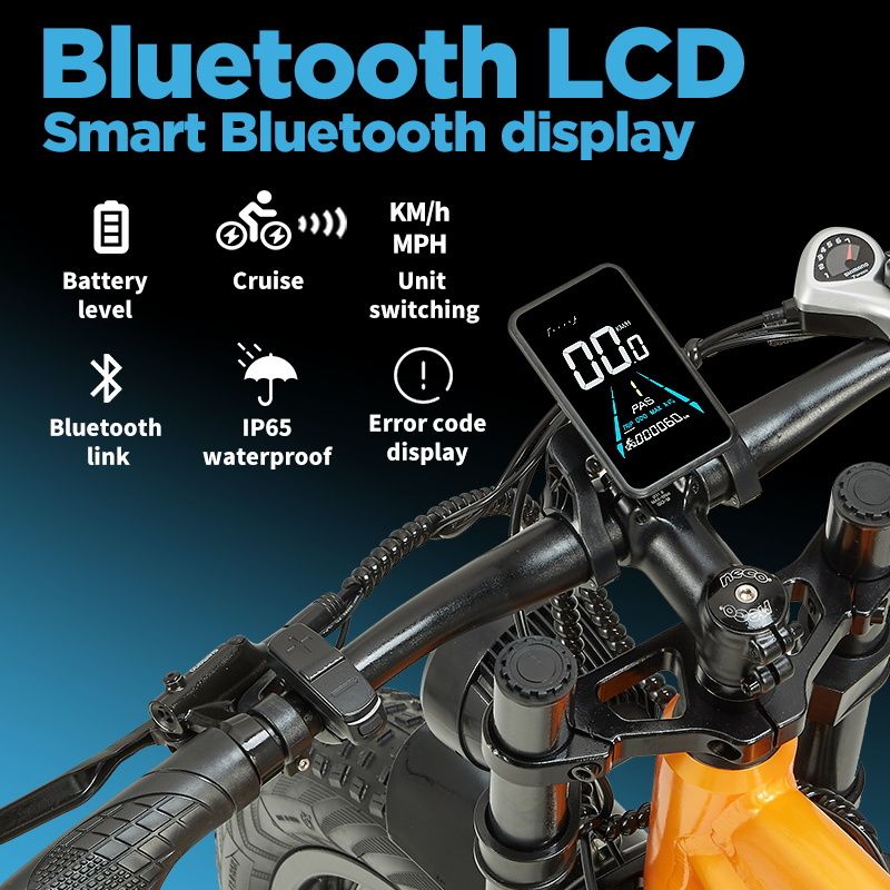 Bluetooth LCD-scherm. Toont batterijniveau, Cruise, KM/h, MPH, Bluetooth-verbinding, IP65 waterdichtheid en foutcode.