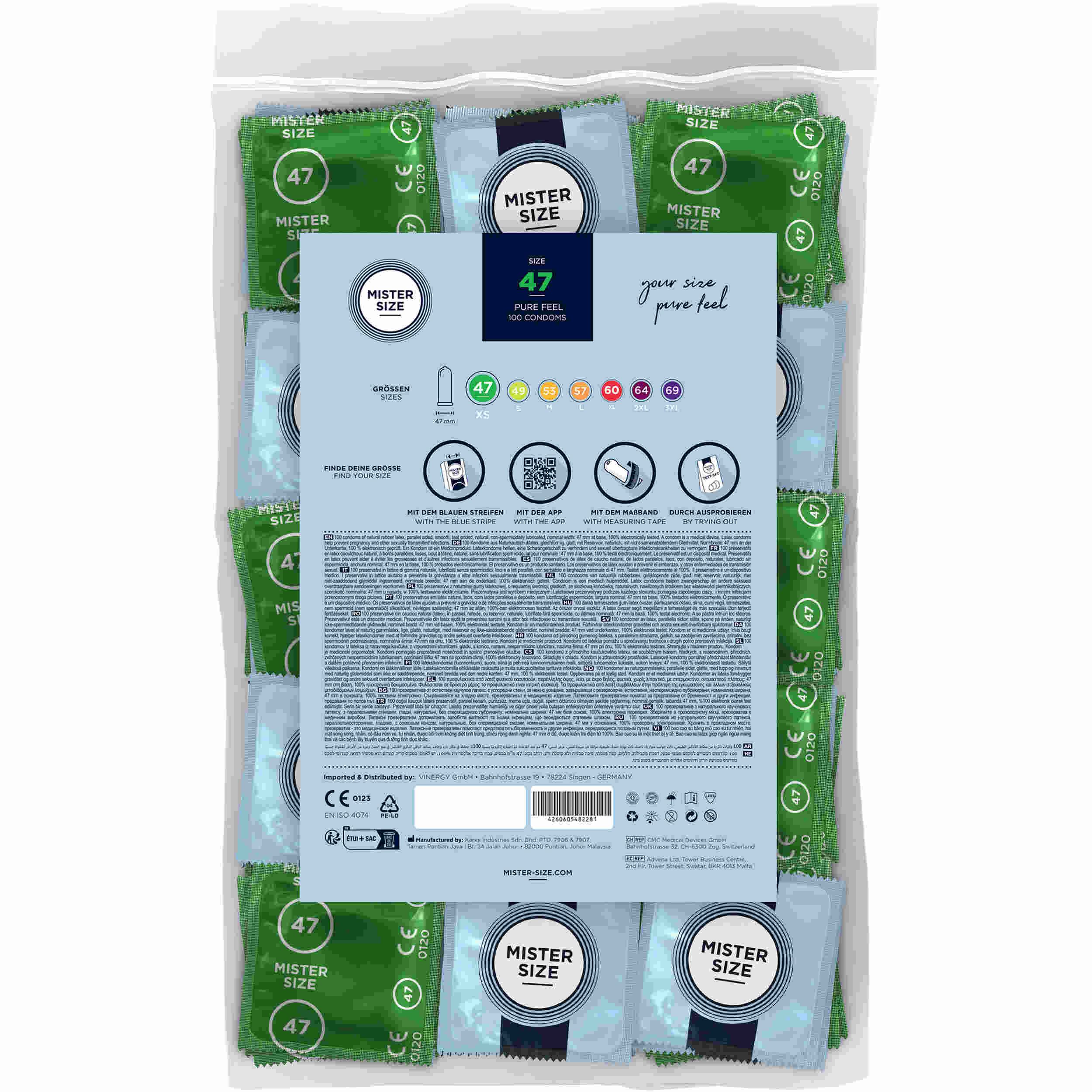 Verpakking met condooms. Individuele condooms in groen en blauw. Opschrift: Mister Size 47.