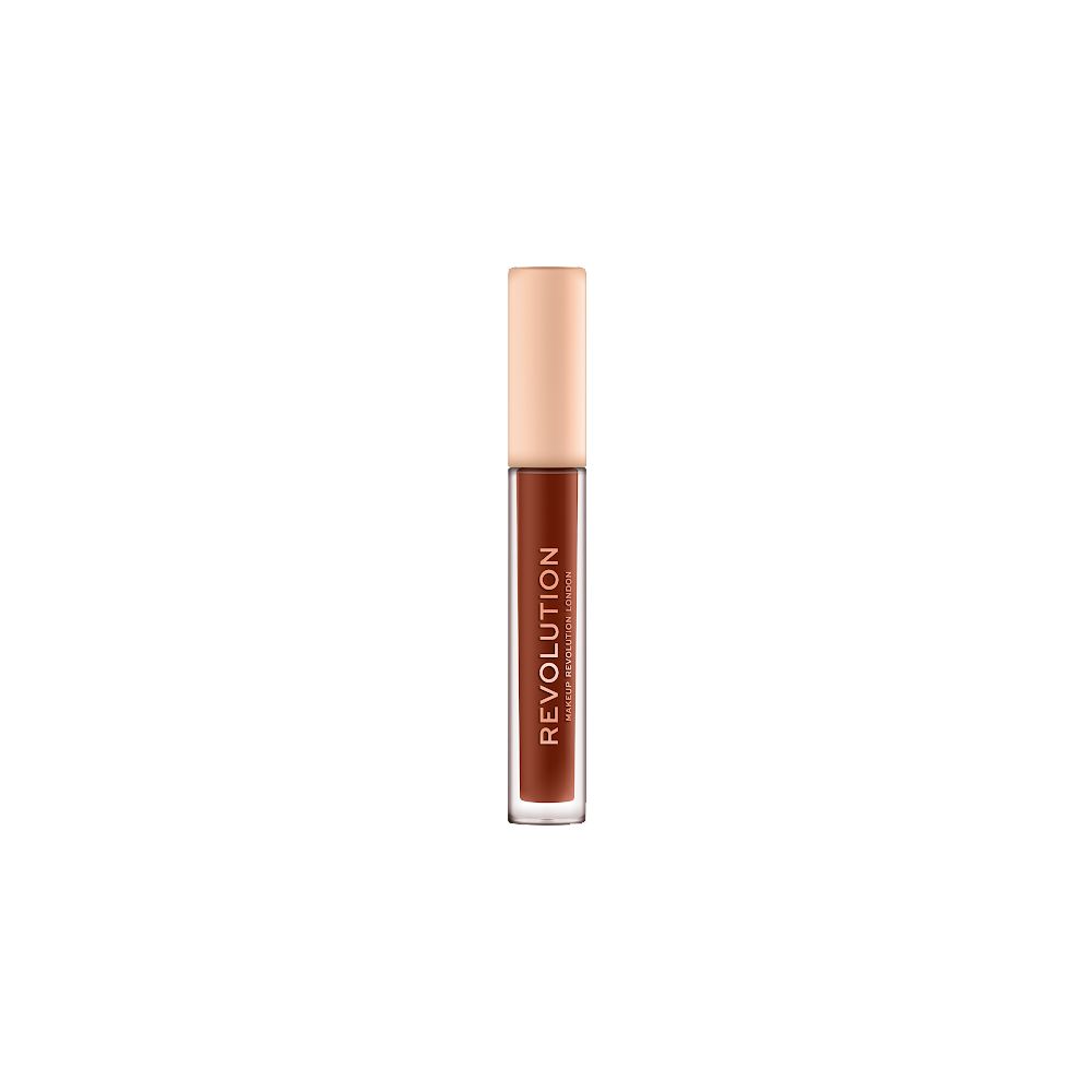 Rouge à lèvres liquide dans un tube transparent avec un capuchon beige. Le mot "REVOLUTION" est visible.