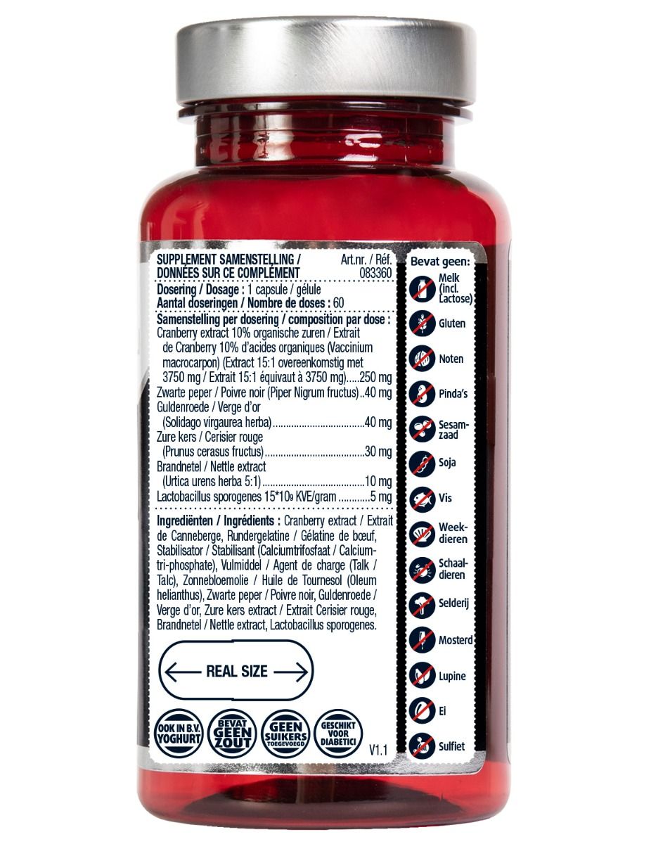 Achterkant capsulefles. Ingrediëntenlijst, voedingswaarde, waarschuwingen. Tekst in het Nederlands.