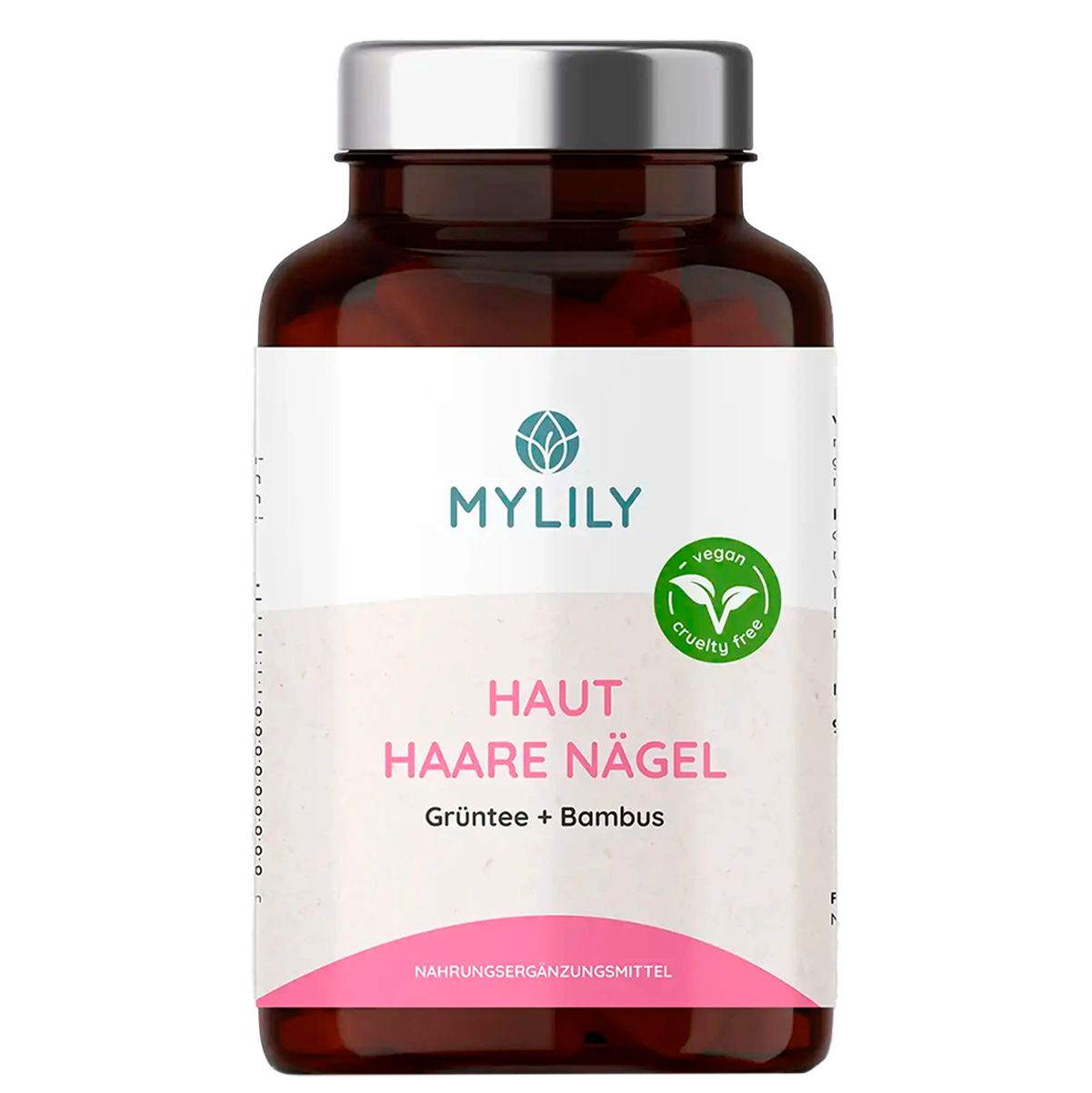 Flacon marron avec capsules. Inscription: MYLILY Peau Cheveux Ongles. Thé vert & Bambou. Labels vegan et sans cruauté.