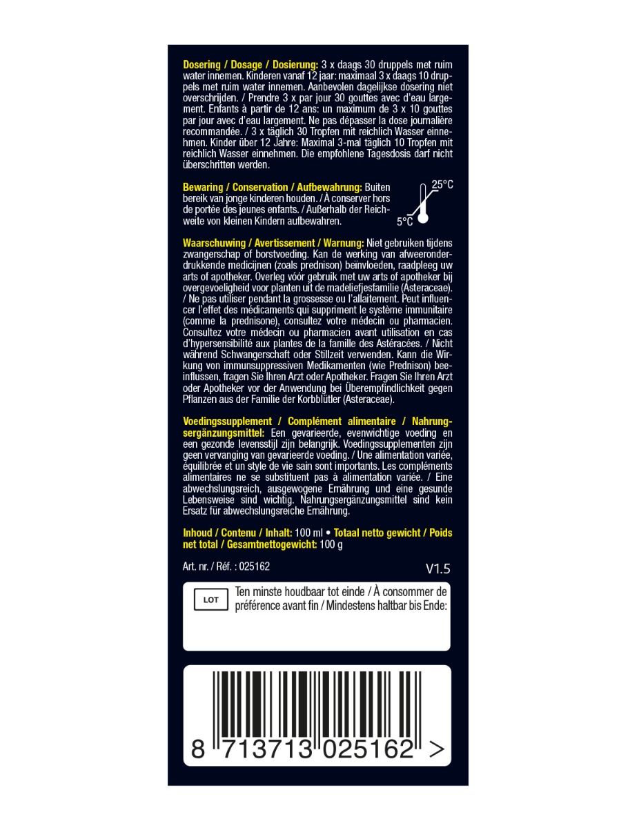 Achterkant van het productlabel met doseerinstructies, waarschuwingen en voedingswaarde-informatie. Tekst in het Nederlands.
