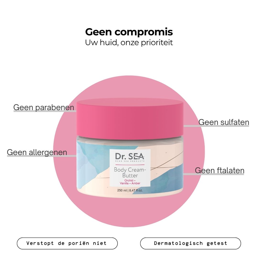 Crème-boterpot met roze deksel. Tekst: Olijfolie, Vitamine E, Jojoba-olie. 250 ml | 8,47 fl.oz.