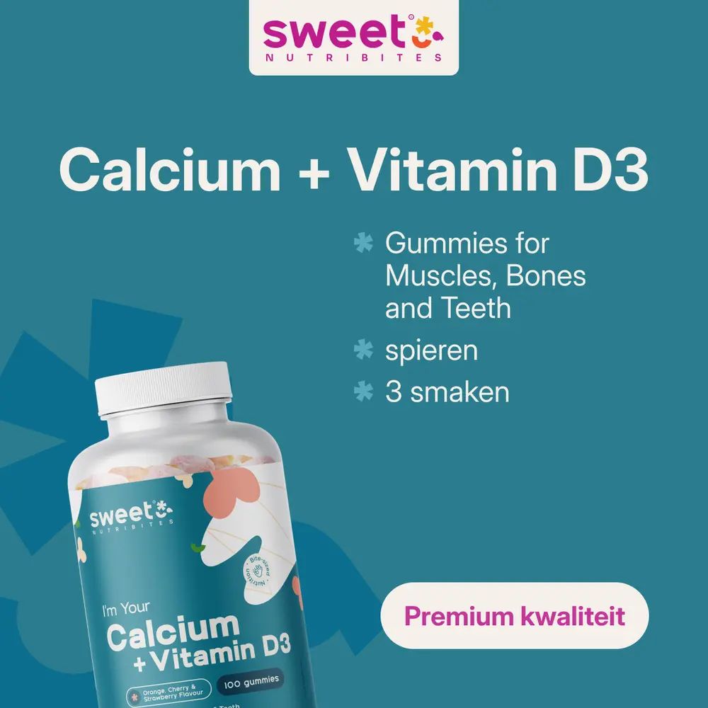 Fles Sweet Nutribites Calcium + Vitamine D3. Opschrift: Calcium + vitamine D3, gummies voor spieren, botten en tanden, 3 smaken.