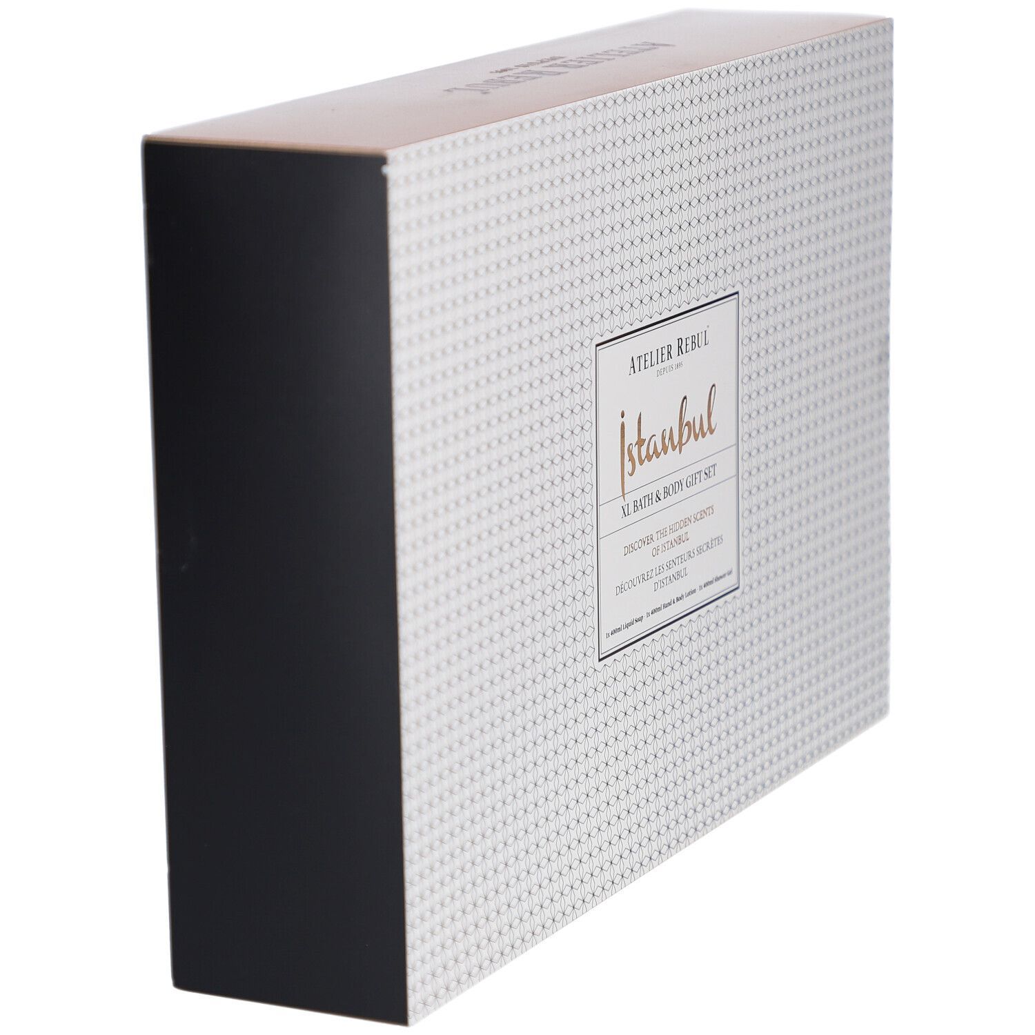 Coffret cadeau Atelier Rebul Istanbul XL Bath & Body. Motif blanc, texte doré. Côtés noirs. Vue latérale.