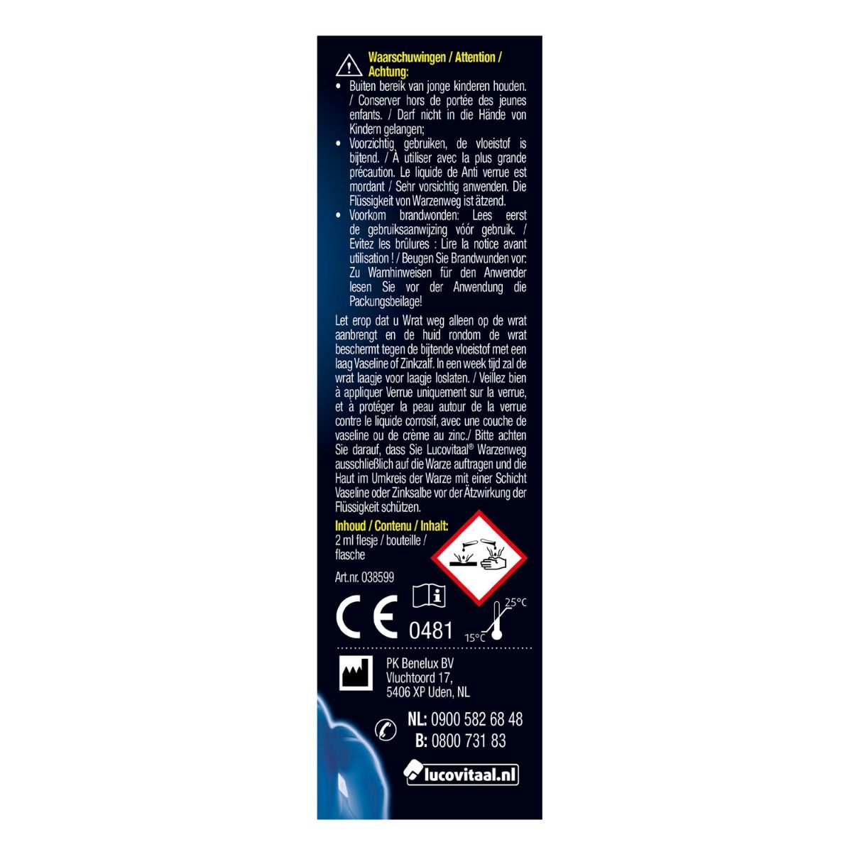 Dos de l'emballage de Lucovitaal Wrat weg. Contient des avertissements, des ingrédients et des coordonnées. Marquage CE.