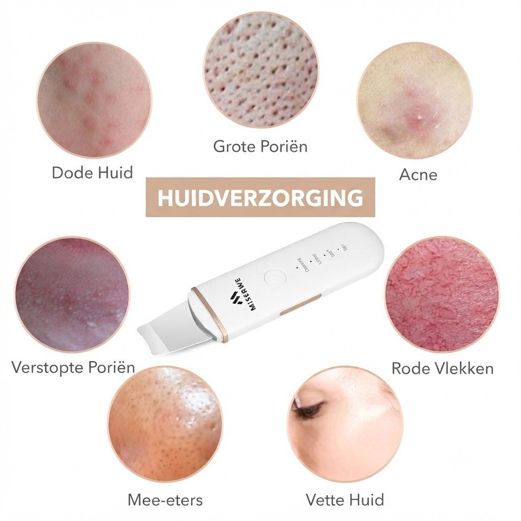 Een wit huidverzorgingsapparaat met gouden accenten, omringd door close-ups van diverse huidaandoeningen zoals acne en mee-eters.