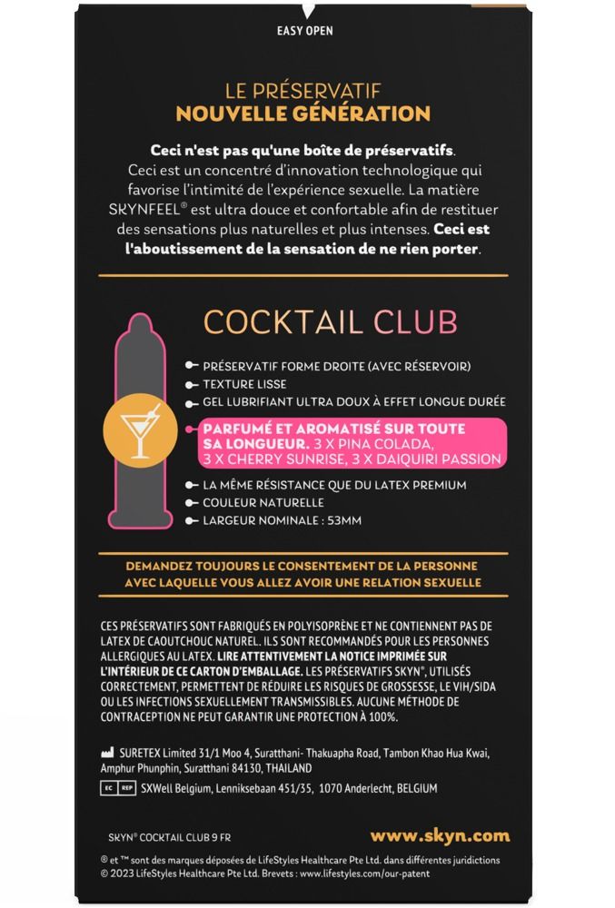 Achterkant van de SKYN Cocktail Club verpakking. Bevat informatie over ingrediënten, maat en geuren van condooms.